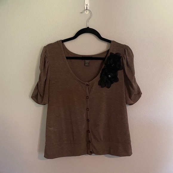 Delirious Sweaters - Brown Button Up Short Sleeve Cardigan with Flowers